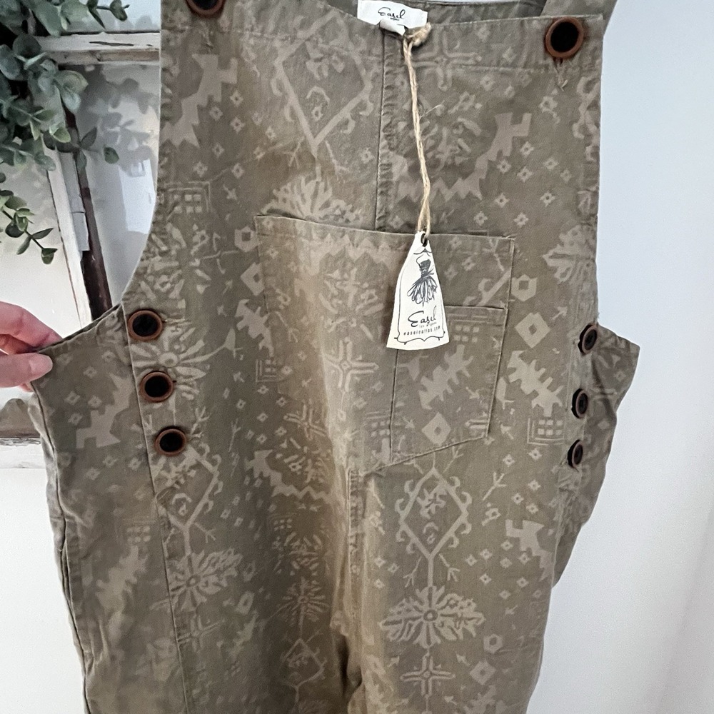 NWT Easel Mocha Ethnic Printed Twill Overall Jumpsuit Overalls‎ Size L Boho - Picture 8 of 13